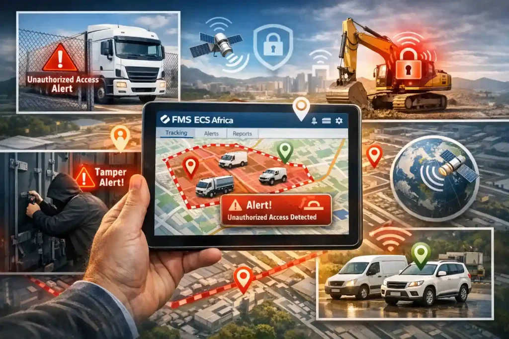 Telematics fleet management system showing real-time vehicle tracking, geofencing, and security alerts to prevent unauthorized access and asset theft.